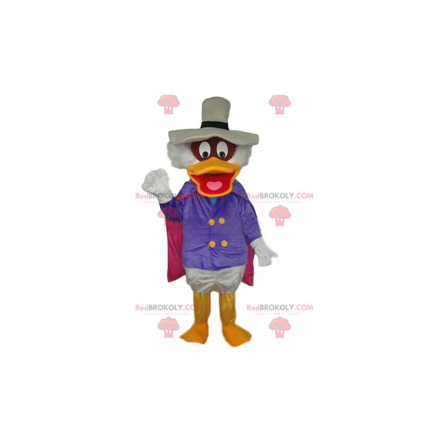 Scrooge mascot with a large white hat and a chic outfit -