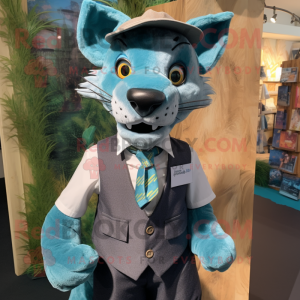 Turquoise Thylacosmilus mascot costume character dressed with a Jeans and Bow ties