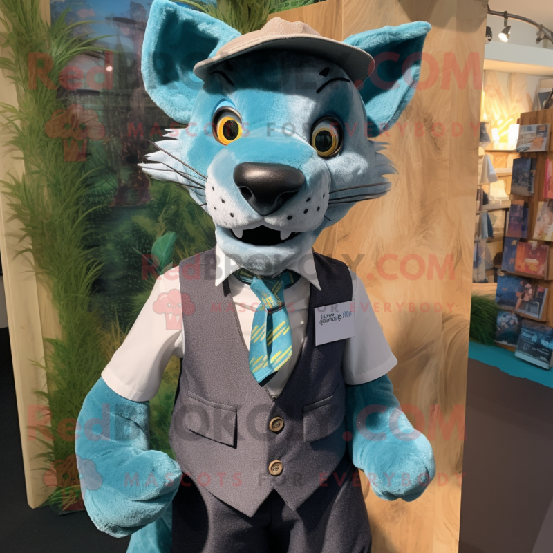 Turquoise Thylacosmilus mascot costume character dressed with a Jeans and Bow ties