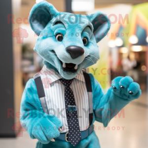 Turquoise Thylacosmilus mascot costume character dressed with a Jeans and Bow ties