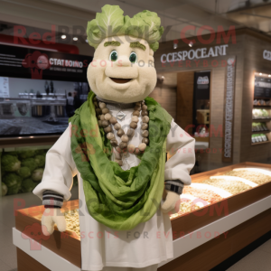 White Caesar Salad mascot costume character dressed with a Flannel Shirt and Necklaces
