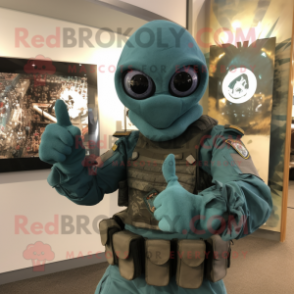 Teal Para Commando mascot costume character dressed with a Jumpsuit and Shawl pins