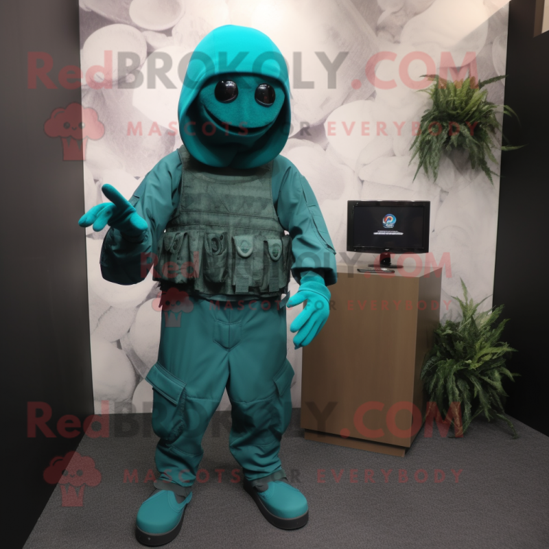 Teal Para Commando mascot costume character dressed with a Jumpsuit and Shawl pins