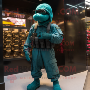 Teal Para Commando mascot costume character dressed with a Jumpsuit and Shawl pins