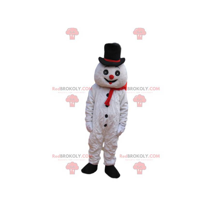 Mascote boneco de neve divertido com chapéu preto -