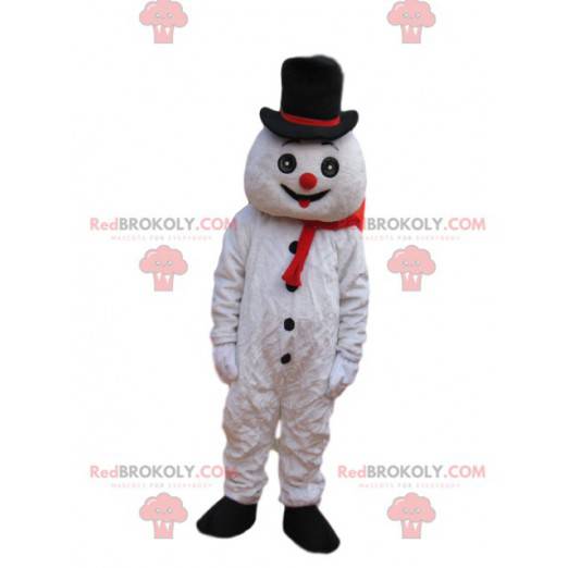 Mascotte de bonhomme de neige amusant avec un chapeau noir -