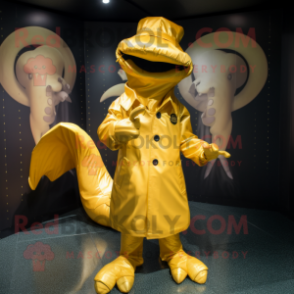 Gold Hydra mascot costume character dressed with a Raincoat and Berets