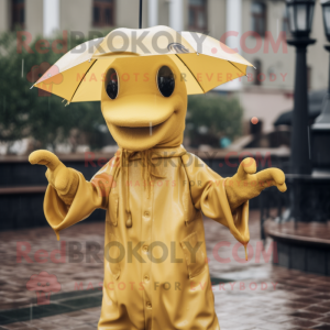 Gold Hydra mascot costume character dressed with a Raincoat and Berets