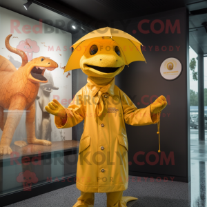 Gold Hydra mascot costume character dressed with a Raincoat and Berets