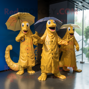 Gold Hydra mascot costume character dressed with a Raincoat and Berets