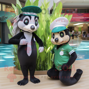 Forest Green Skunk mascot costume character dressed with a One-Piece Swimsuit and Berets