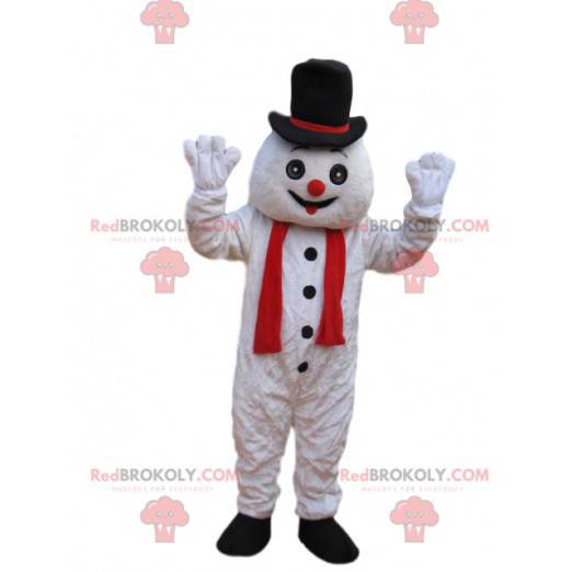Mascota divertida del muñeco de nieve con un sombrero negro -