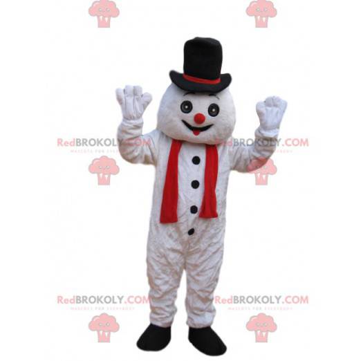 Mascotte de bonhomme de neige amusant avec un chapeau noir -