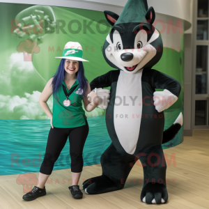 Forest Green Skunk mascot costume character dressed with a One-Piece Swimsuit and Berets