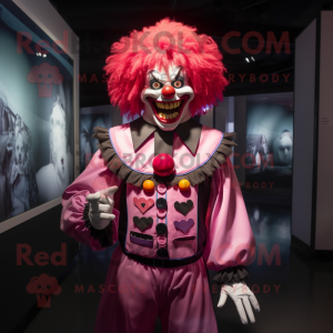 Pink Evil Clown mascot costume character dressed with a Vest and Rings