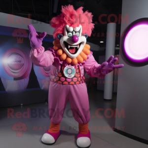 Pink Evil Clown mascot costume character dressed with a Vest and Rings
