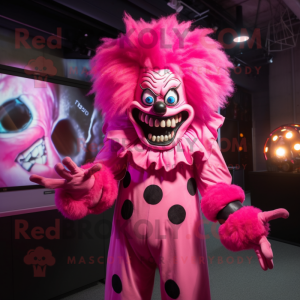 Pink Evil Clown mascot costume character dressed with a Vest and Rings