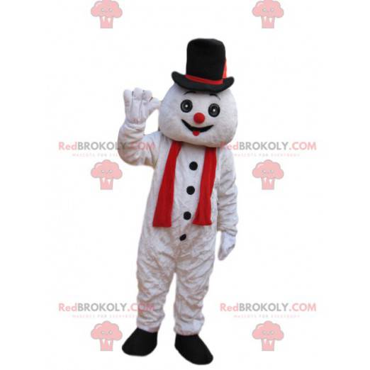 Mascota divertida del muñeco de nieve con un sombrero negro -