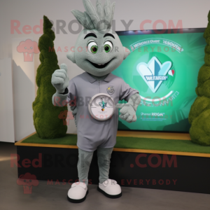Gray Spinach mascot costume character dressed with a V-Neck Tee and Digital watches