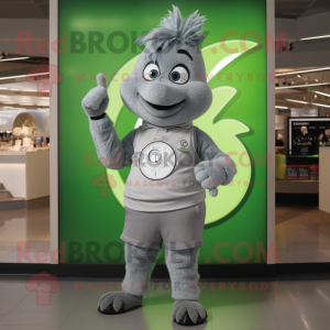 Gray Spinach mascot costume character dressed with a V-Neck Tee and Digital watches