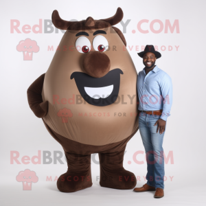 Brown Steak mascot costume character dressed with a Boyfriend Jeans and Shoe clips