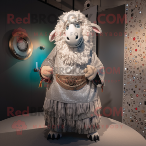 Silver Sheep mascot costume character dressed with a Midi Dress and Shawl pins