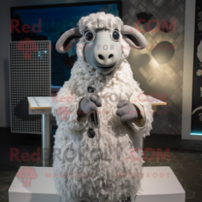 Silver Sheep mascot costume character dressed with a Midi Dress and Shawl pins