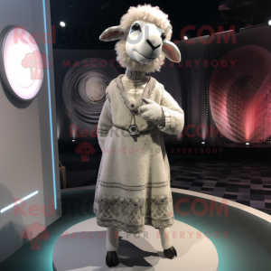 Silver Sheep mascot costume character dressed with a Midi Dress and Shawl pins