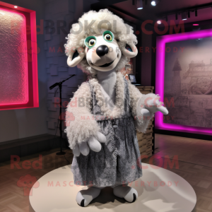 Silver Sheep mascot costume character dressed with a Midi Dress and Shawl pins