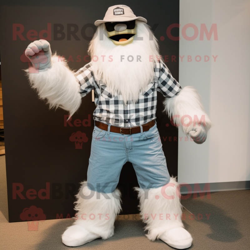 White Sasquatch mascot costume character dressed with a Bootcut Jeans and Cufflinks White Sasquatch mascot costume character dressed with a Bootcut Jeans and Cufflinks