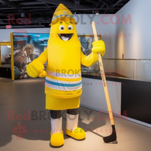 Yellow Ice Hockey Stick mascot costume character dressed with a Cocktail Dress and Caps