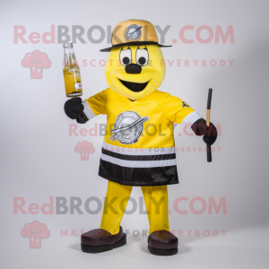 Yellow Ice Hockey Stick mascot costume character dressed with a Cocktail Dress and Caps