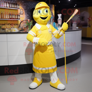 Yellow Ice Hockey Stick mascot costume character dressed with a Cocktail Dress and Caps