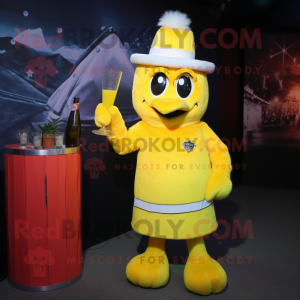 Yellow Ice Hockey Stick mascot costume character dressed with a Cocktail Dress and Caps