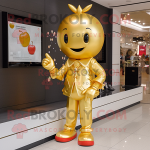 Gold Cherry mascot costume character dressed with a Coat and Bracelet watches