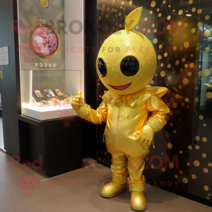 Gold Cherry mascot costume character dressed with a Coat and Bracelet watches