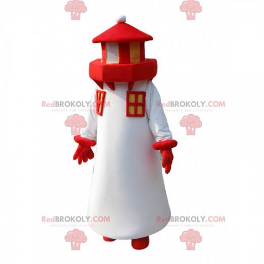 Mascotte witte en rode vuurtoren. Vuurtoren kostuum -