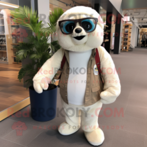 White Sloth mascot costume character dressed with a Corduroy Pants and Eyeglasses