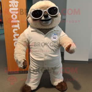 White Sloth mascot costume character dressed with a Corduroy Pants and Eyeglasses
