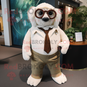 White Sloth mascot costume character dressed with a Corduroy Pants and Eyeglasses