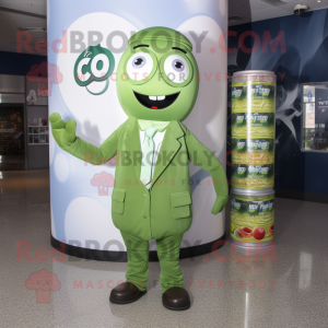 Olive Soda Can mascot costume character dressed with a Dress Shirt and Brooches