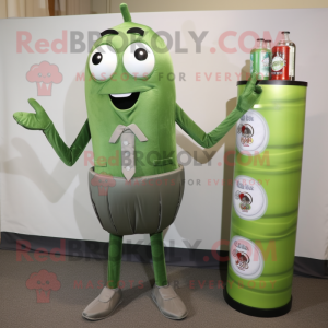 Olive Soda Can mascot costume character dressed with a Dress Shirt and Brooches