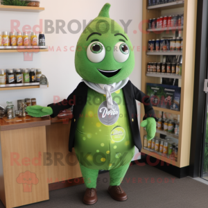 Olive Soda Can mascot costume character dressed with a Dress Shirt and Brooches