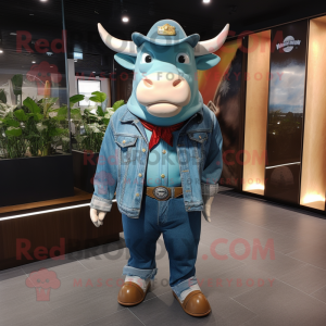 Sky Blue Bull mascot costume character dressed with a Denim Shirt and Shawls