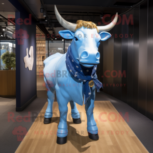 Sky Blue Bull mascot costume character dressed with a Denim Shirt and Shawls