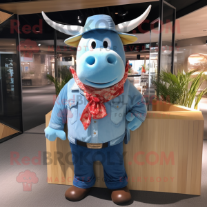 Sky Blue Bull mascot costume character dressed with a Denim Shirt and Shawls