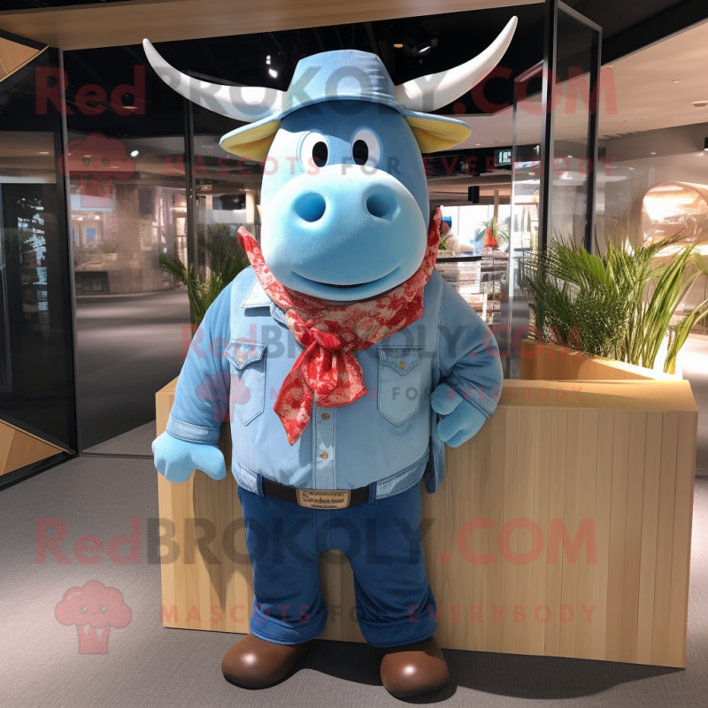 Sky Blue Bull mascot costume character dressed with a Denim Shirt and Shawls Sky Blue Bull mascot costume character dressed with a Denim Shirt and Shawls