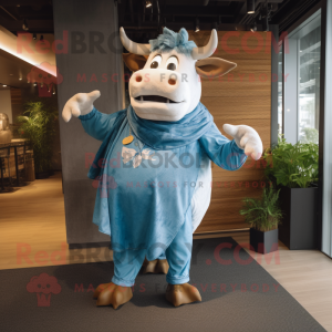 Sky Blue Bull mascot costume character dressed with a Denim Shirt and Shawls