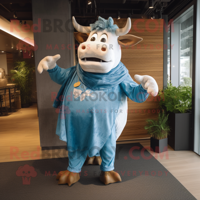 Sky Blue Bull mascot costume character dressed with a Denim Shirt and Shawls Sky Blue Bull mascot costume character dressed with a Denim Shirt and Shawls