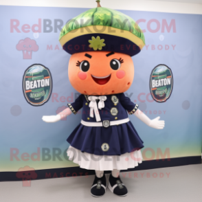 Navy Melon mascot costume character dressed with a Skirt and Berets